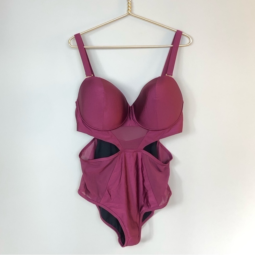 Burgundy one piece mesh cutouts supportive adjustable straps flattering sexy 18
